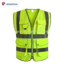 China Class 2 High Visibility Yellow Zipper Front Safety Vest Work Waistcoat With Reflective Strips And 9 Pockets ANSI/ISEA